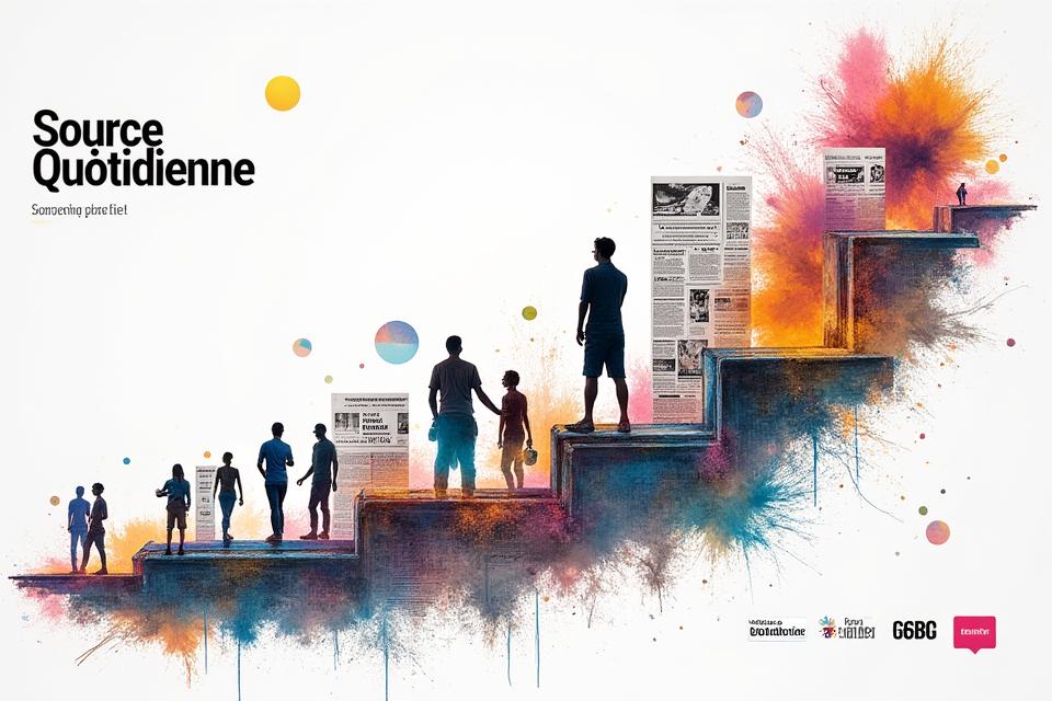 Un collage visuel représentant le parcours de Source Quotidienne, avec des images allant d'un petit équipe initiale à un grand rassemblement de conférenciers, symbolisant la croissance et l'expansion.