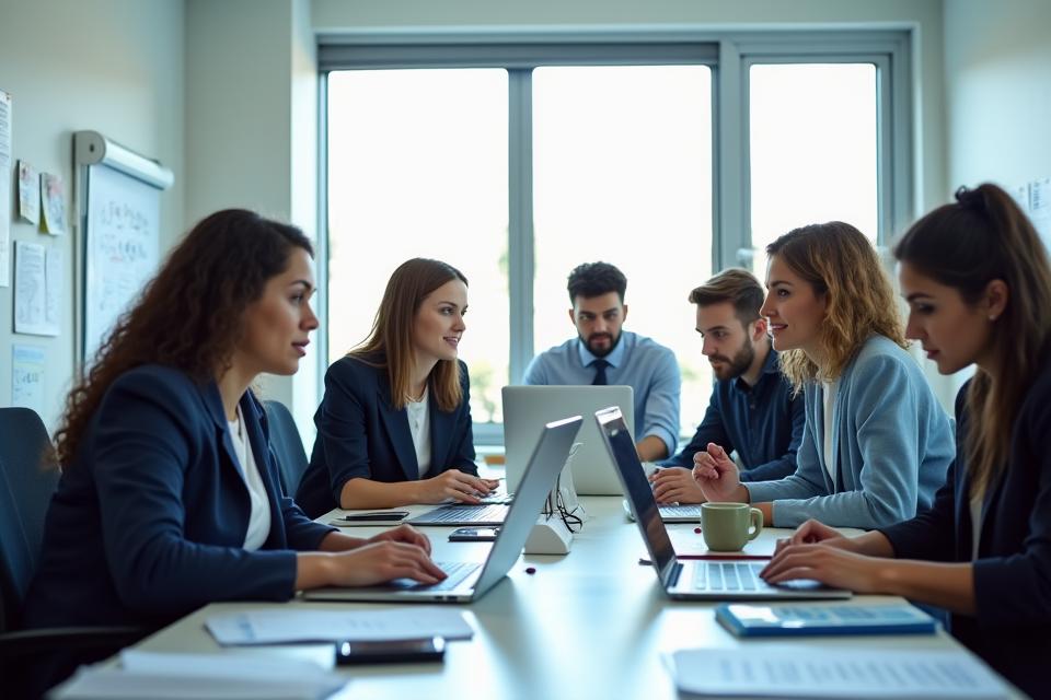 Une équipe collaborative de rédacteurs et d'analystes travaillant dans un environnement de bureau moderne et lumineux, symbolisant la rigueur et la synergie de Source Quotidienne.